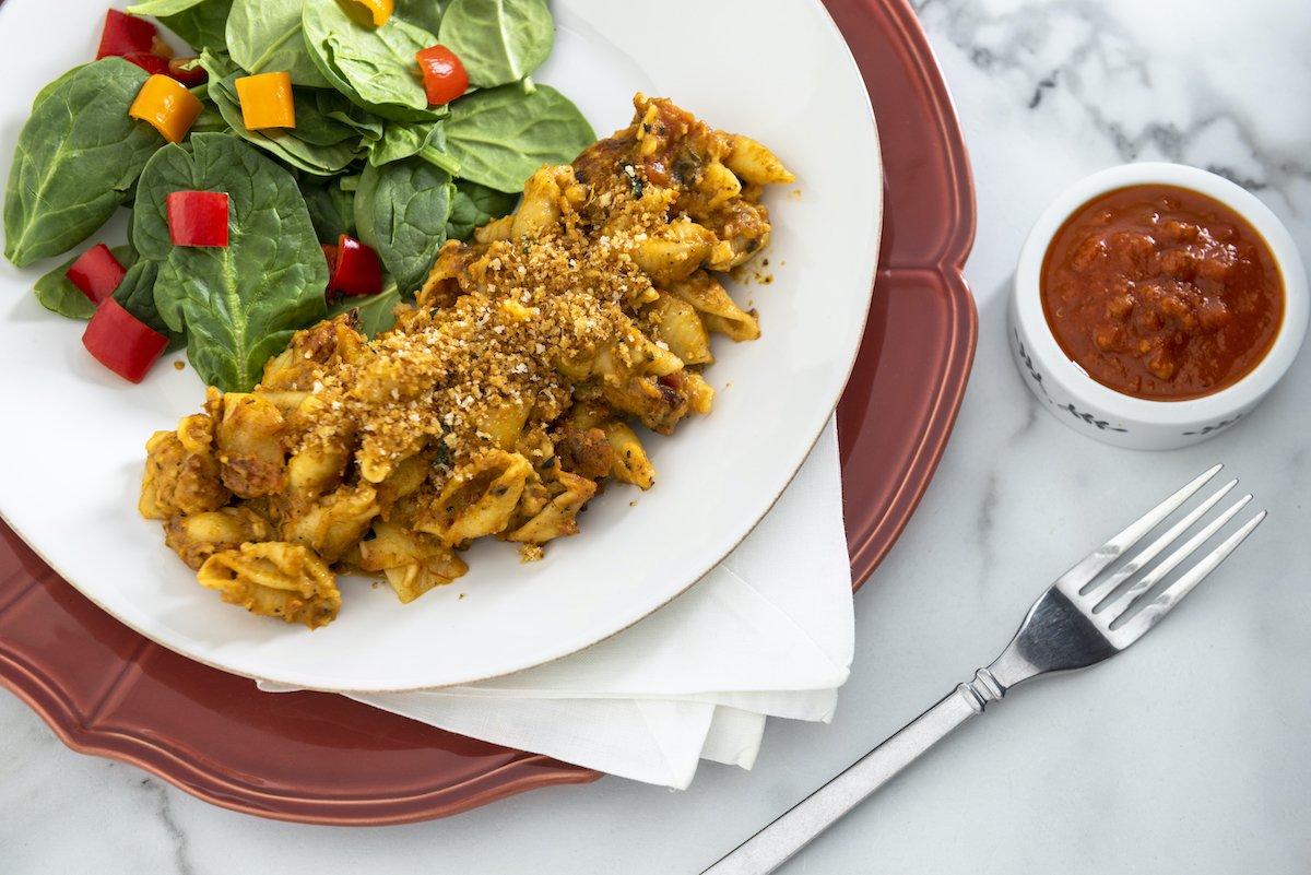 Five Cheese Truffle Spicy Sausage Pasta Bake
