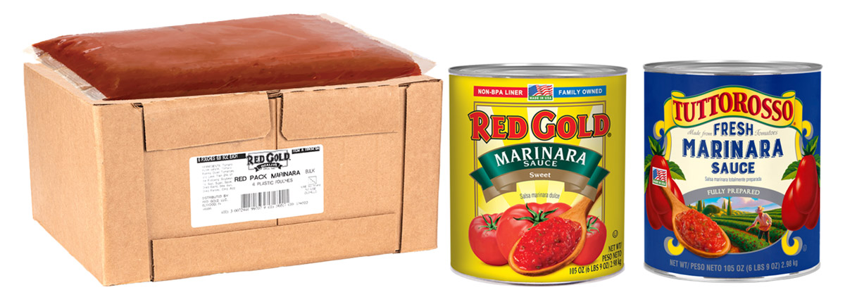 Bag of Red Gold marinara for foodservice on a box beside a can of Red Gold and Tuttorosso Marinara sauce 