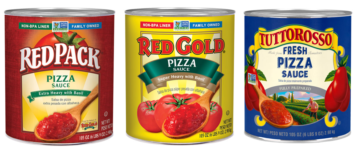 3 cans of Red Gold tomato products for foodservice: RedPack Pizza sauce, Red Gold Pizza Sauce, Tuttorossa Pizza Sauce.