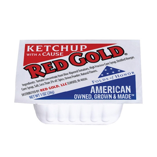 Red Gold Folds of Honor ketchup dipping cup, supporting military families with every purchase.