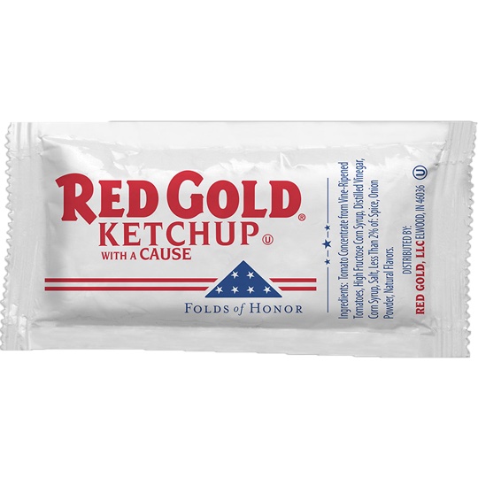 Red Gold Folds of Honor ketchup packet, supporting military families with every purchase.