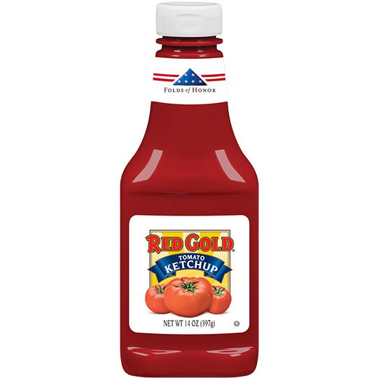 Red Gold Folds of Honor 14 oz ketchup bottle, supporting military families with every purchase.