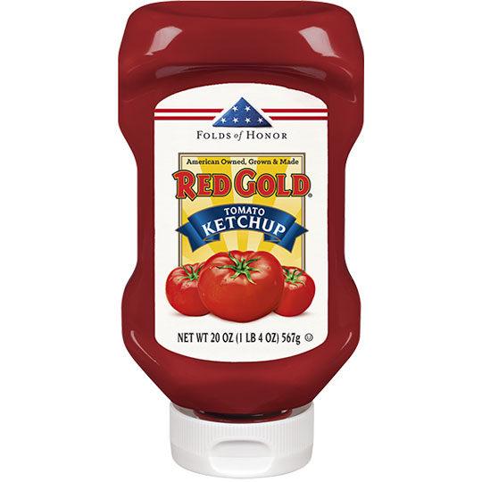 Red Gold Folds of Honor Tomato Ketchup 20 oz bottle, supporting military families with every purchase.