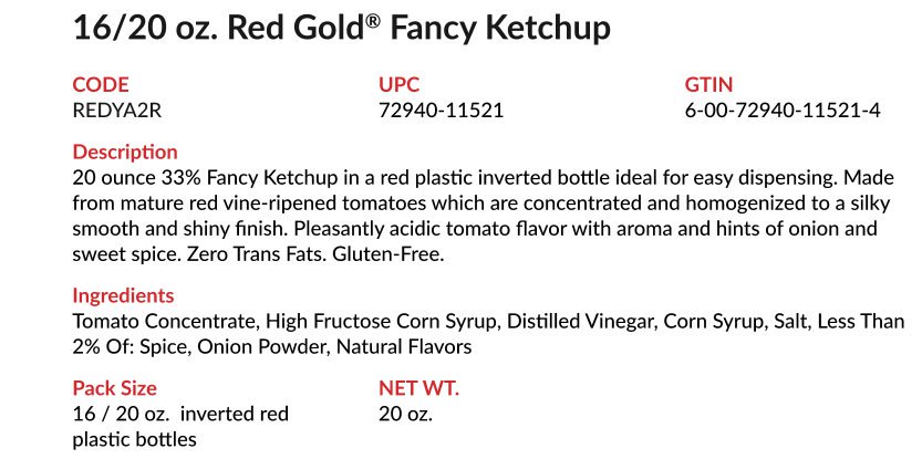Product details for Red Gold Fancy Ketchup 16/20 oz, including ingredients, UPC, GTIN, and packaging information.