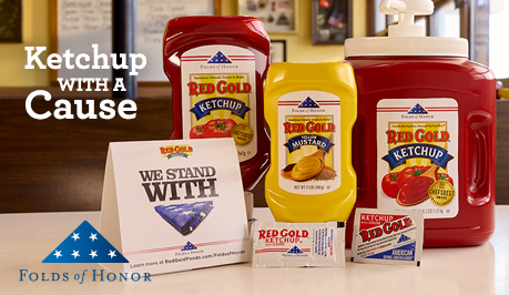 Red Gold Folds of Honor Condiments on white counter