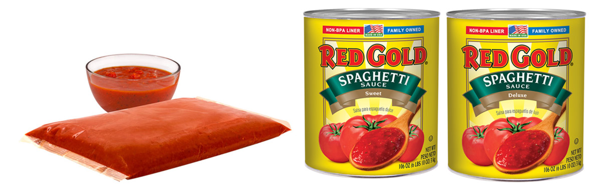 Bag of Red Gold spaghetti sauce for foodservice beside two cans of Red Gold spaghetti sauce.