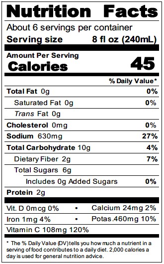 Tomato Juice VO46 Nutrition Facts