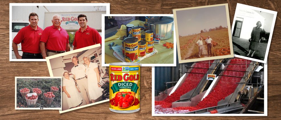 A collage showcasing the history of Red Gold tomatoes, featuring vintage family photos, tomato harvesting, canned tomato products, and modern processing facilities.