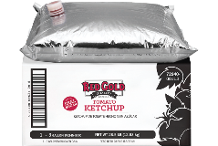 An image of a 3 gallon bag-in-box Red Gold Ketchup made with Real Sugar.