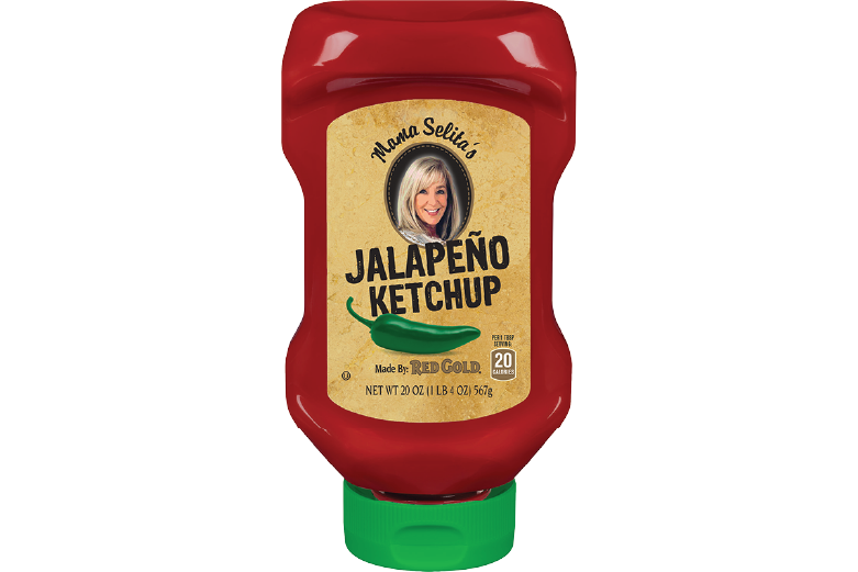 An image of a 20 oz bottle of Mama Selita's Jalapeno Ketchup.