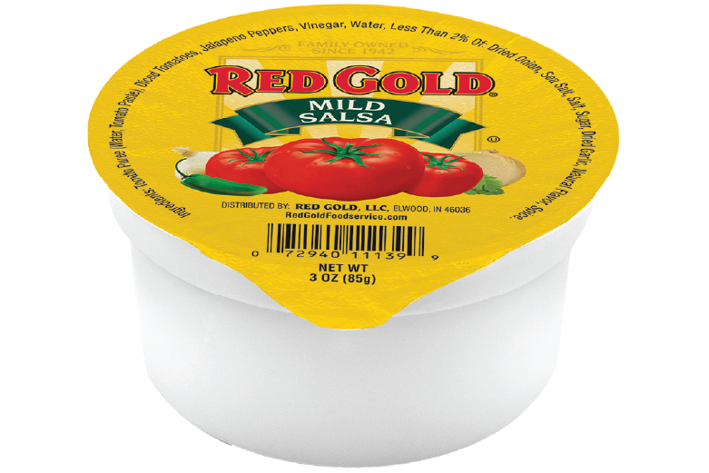 An image of a 3 oz cup of Red Gold Salsa.