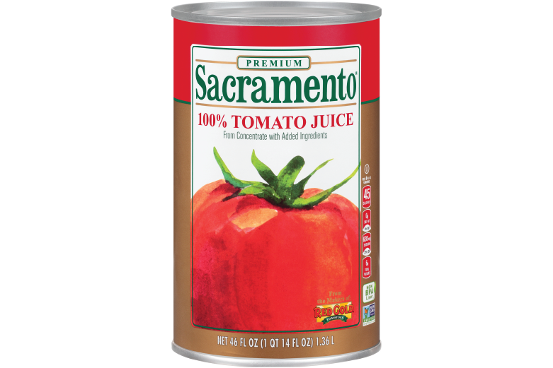 An image of a 46 oz. can of Sacramento Tomato Juice.